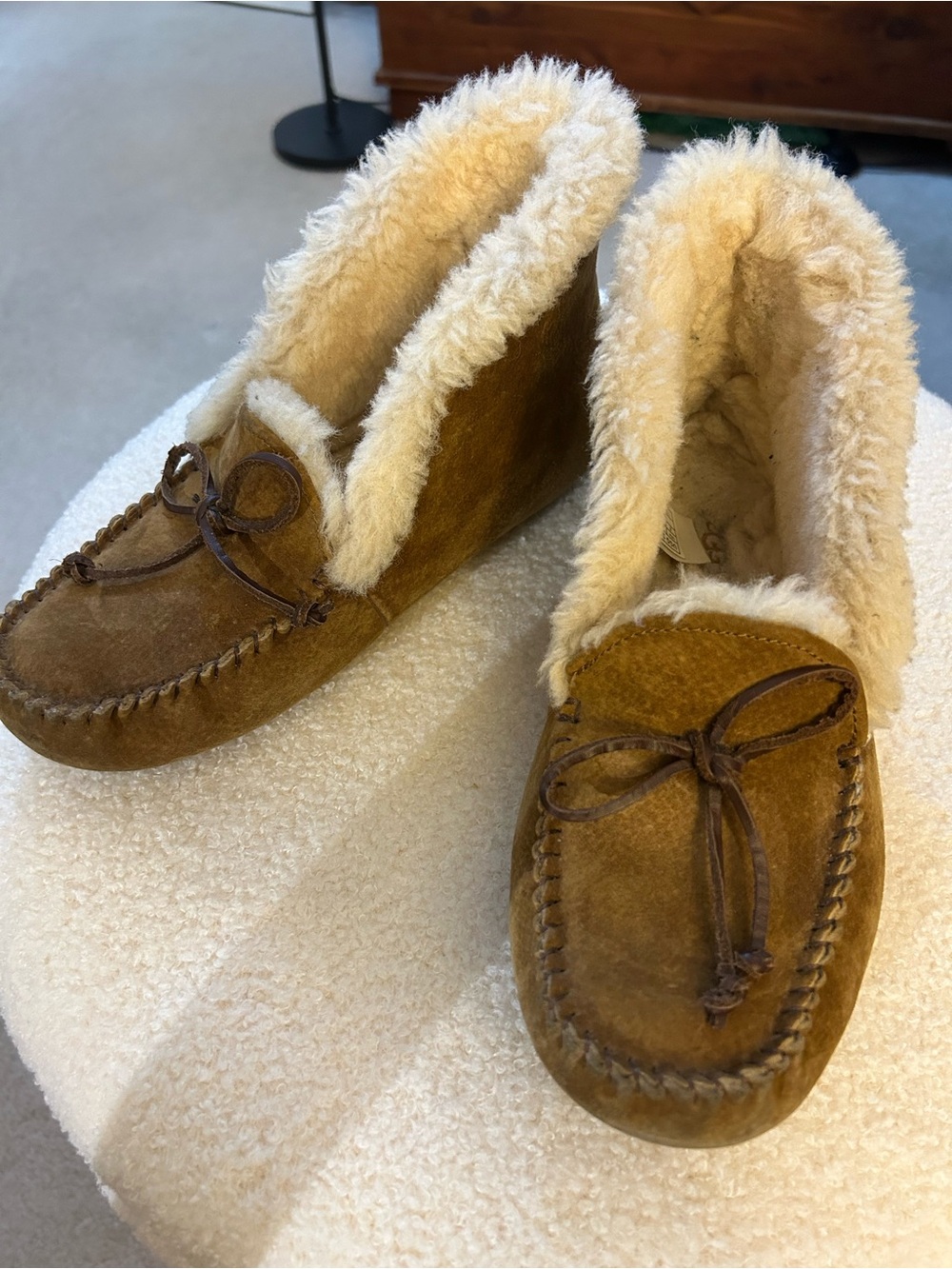 UGG Women's “Alena” Chestnut Suede Shearling Moccasin Slippers